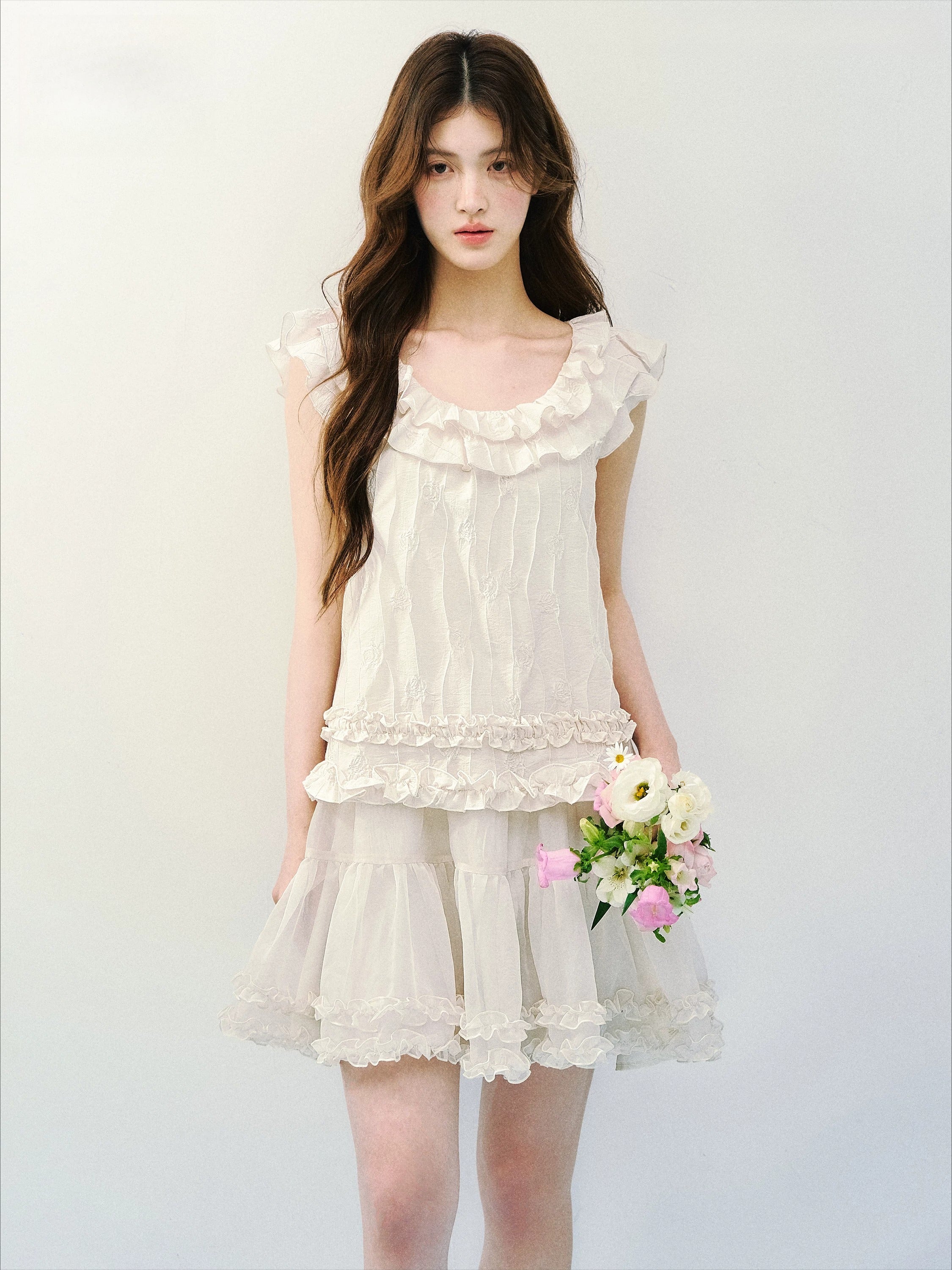 Beige Ruffle Drawstring Dress