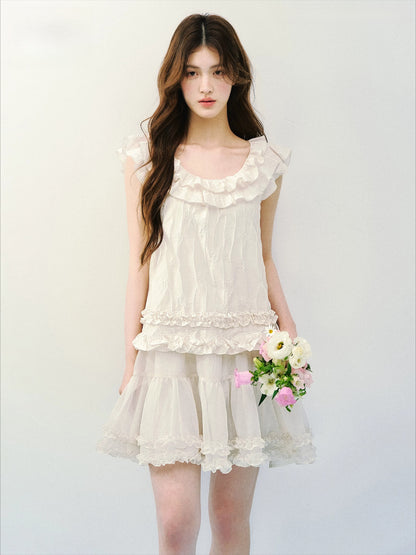 Beige Ruffle Drawstring Dress