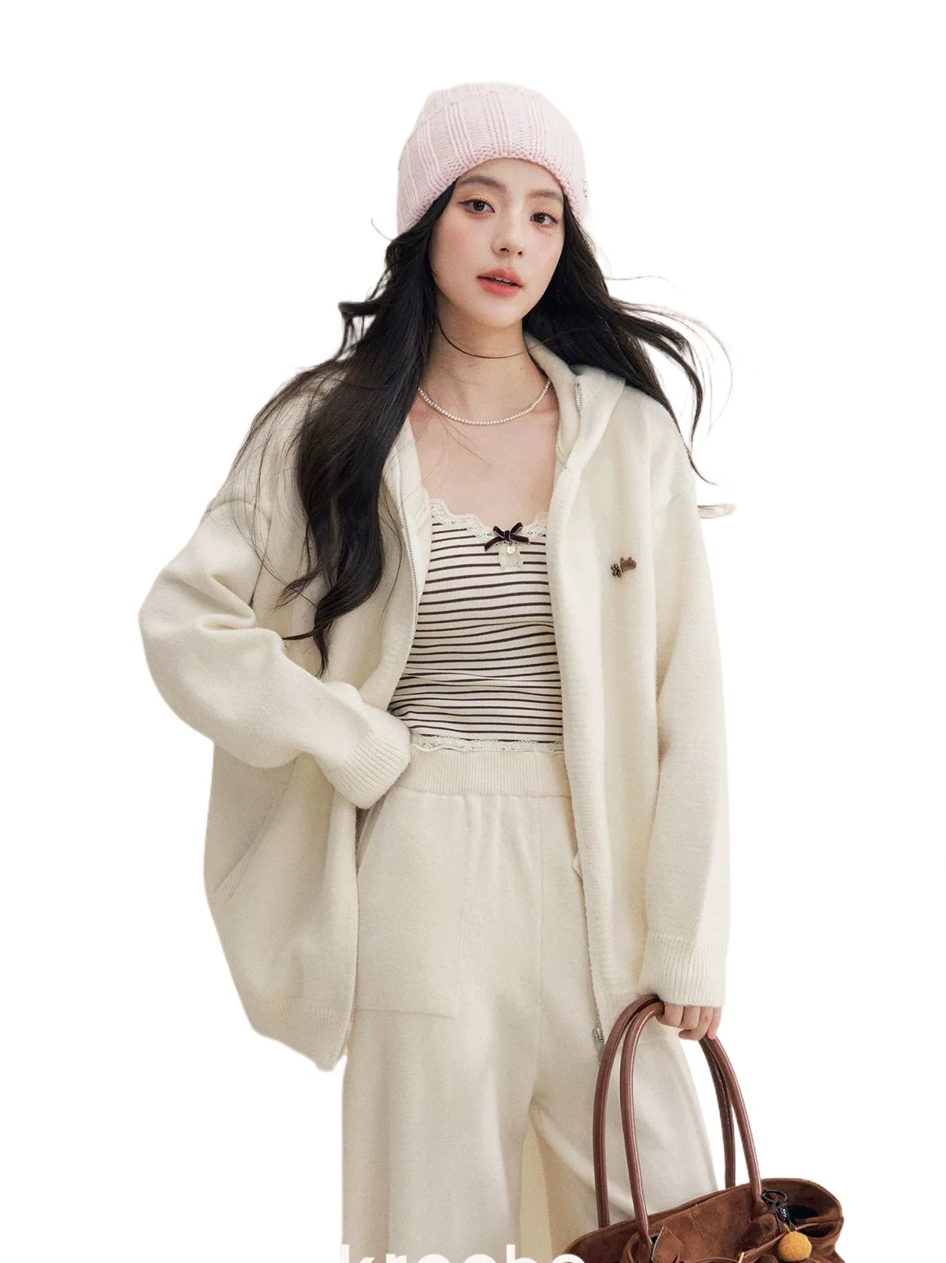 Beige Hoodie Knit Three-Piece Set