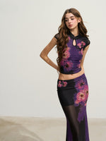 Purple Floral Cheongsam Mesh Set