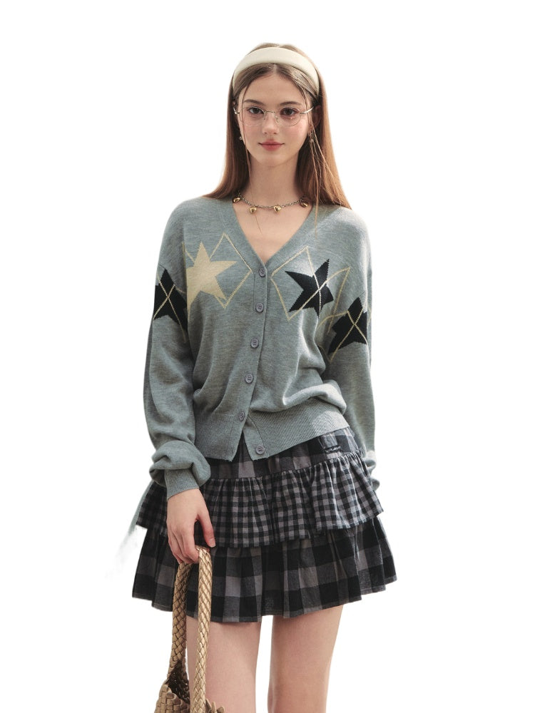 Single-breasted Star Argyle Knit Cardigan