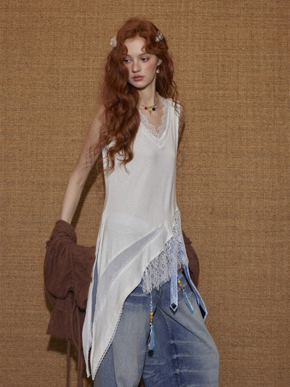 V-Neck Lace Patchwork Asymmetrical Tank Top