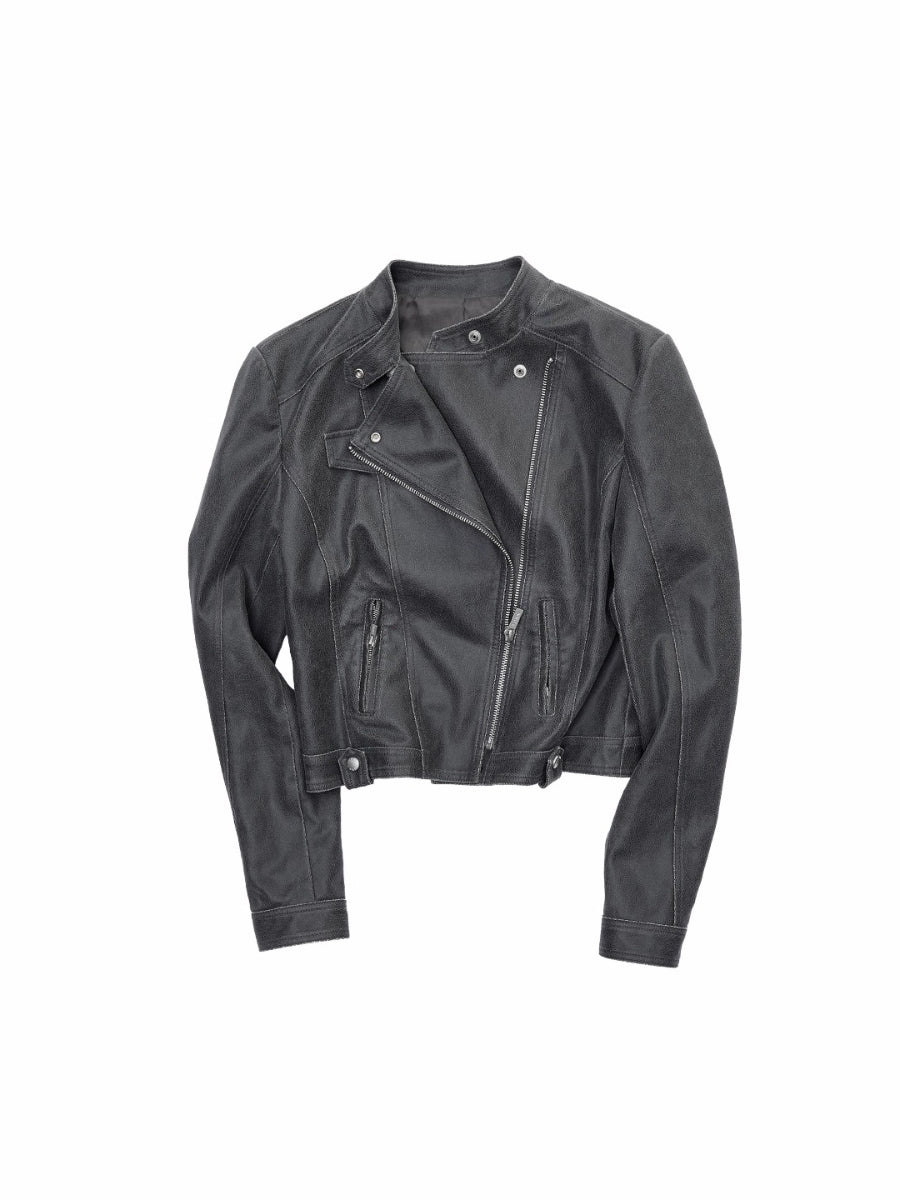 Vintage Washed Cracked Leather Fitted Moto Jacket