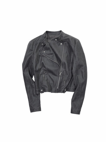 Vintage Washed Cracked Leather Fitted Moto Jacket
