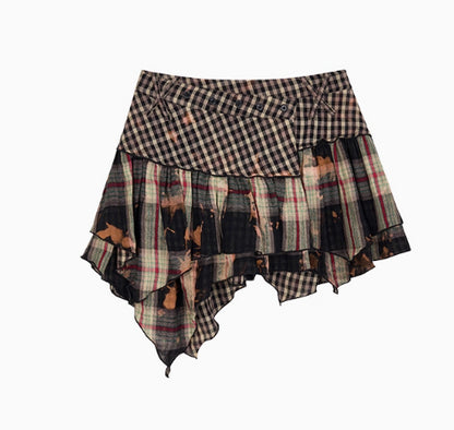 Washed Distressed Plaid Shirt &amp; Skirt Set