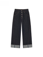 Indigo Button Front Wide-Leg Jeans