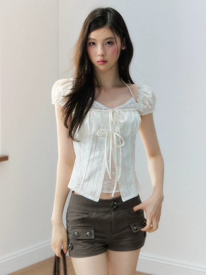 Layered Lace Bow Puff Top