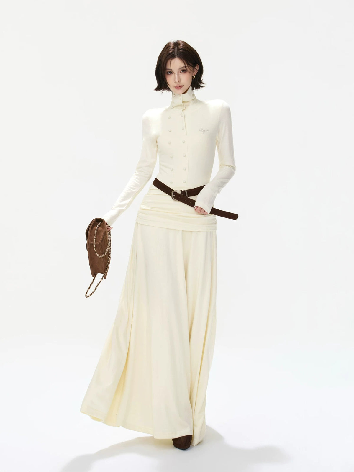 Belted Turtleneck Knit Maxi Dress