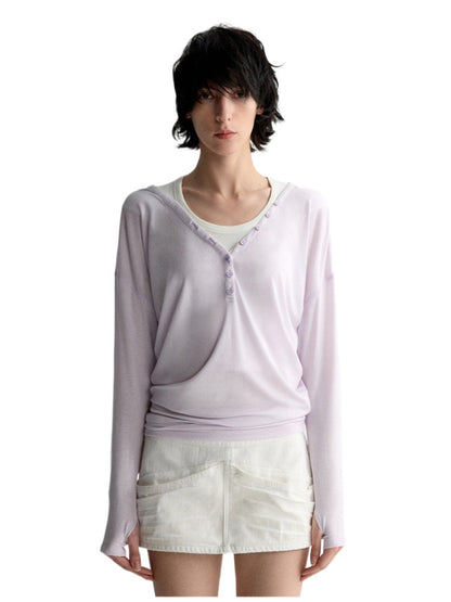 Tencel Linen V-neck Long Sleeve T-shirt