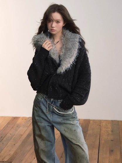 Heavyweight Detachable Fur Collar Cardigan