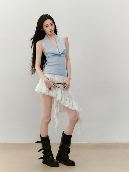 Irregular Hem Ribbon Lace Midi Skirt