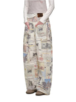 Cat Newspaper Print Canvas Pants