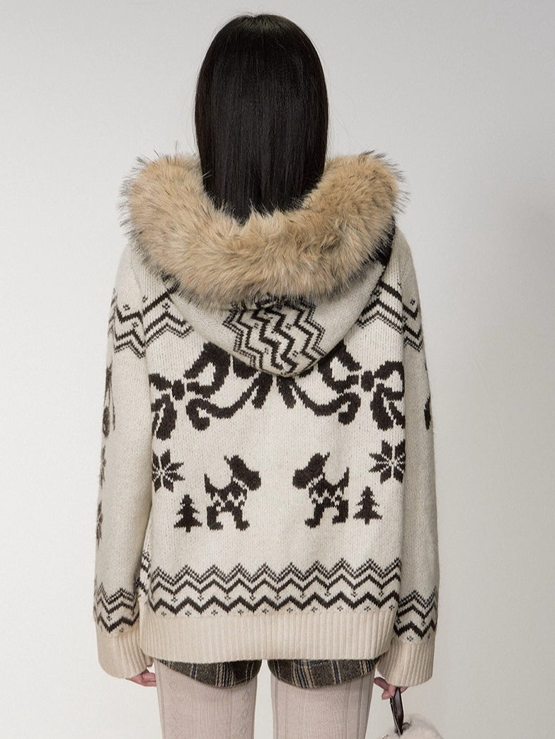 Fair Isle Fur Collar Toggle Knit Coat