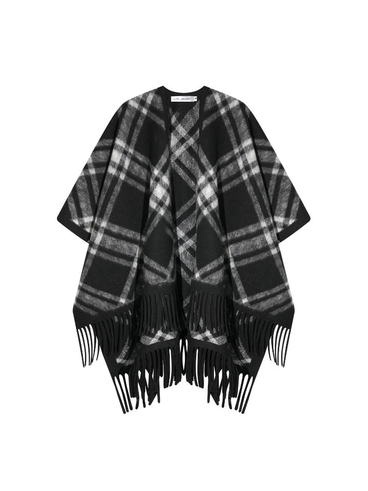 Retro Check Tassel Cape Scarf
