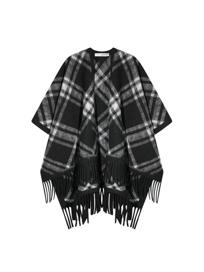 Retro Check Tassel Cape Scarf