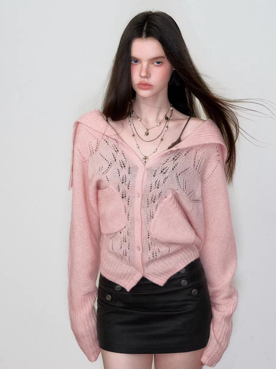 Hollow Knit Collar Cardigan