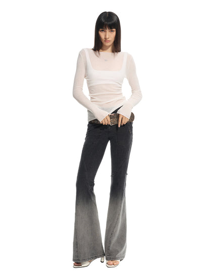 Twill Washed V-Waist Stretch Micro-flare Pants