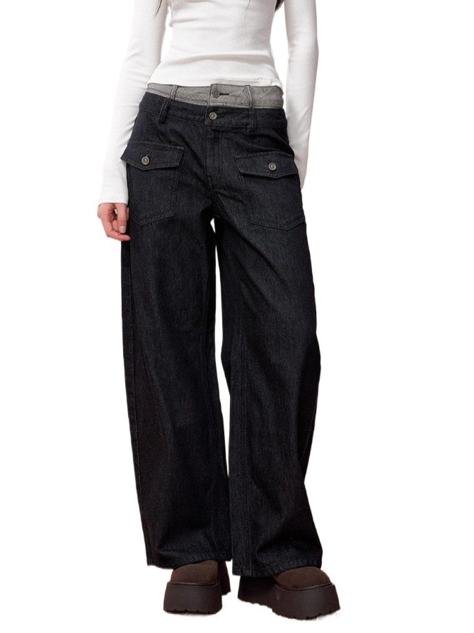 Colorblock Double Waistband Denim Pants