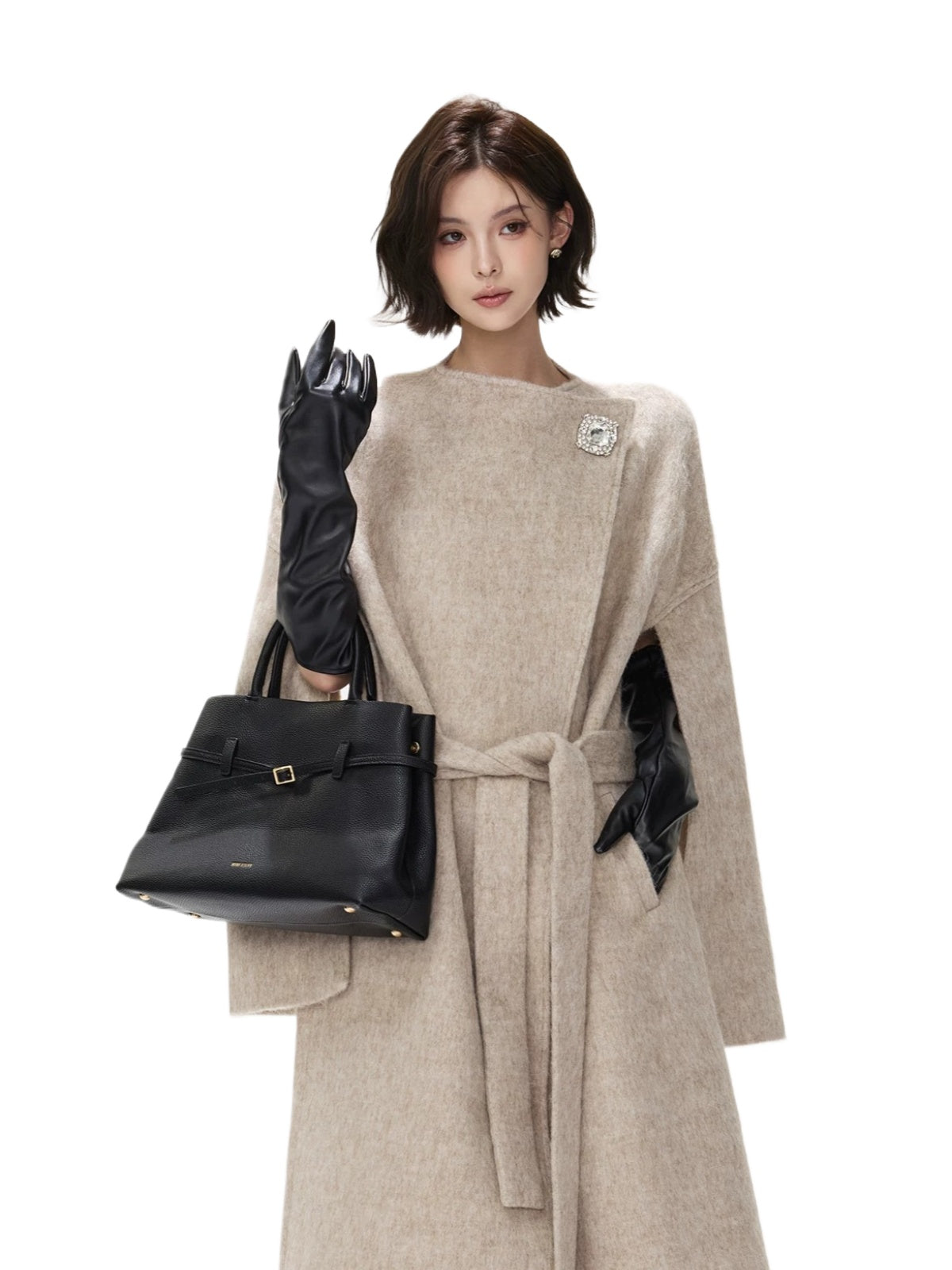 Embellished Buckle Belted Wool Blend Coat