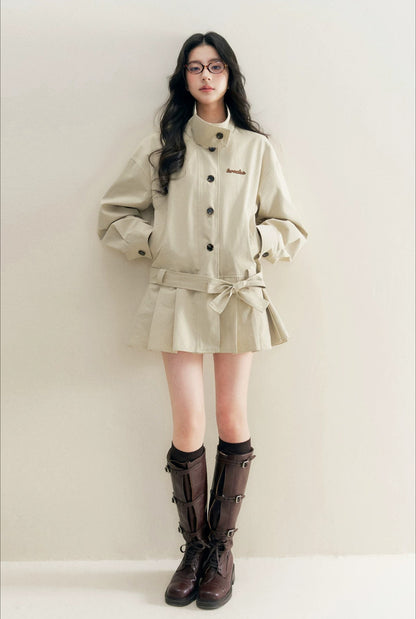Pleated Hem Belted Trench