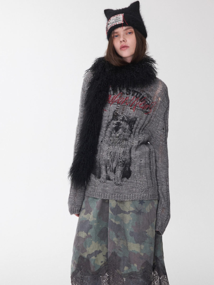 Icelandic Animal Jacquard Cutout Knit Sweater