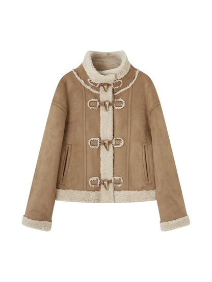 Horn Button Woolen Fur Jacket