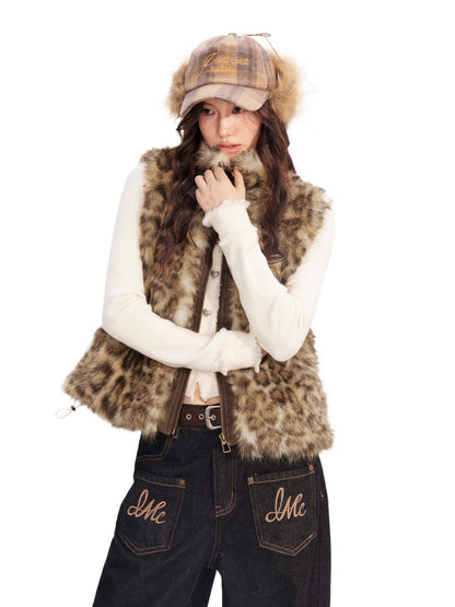 Leopard Print Spliced Faux Fur Vest