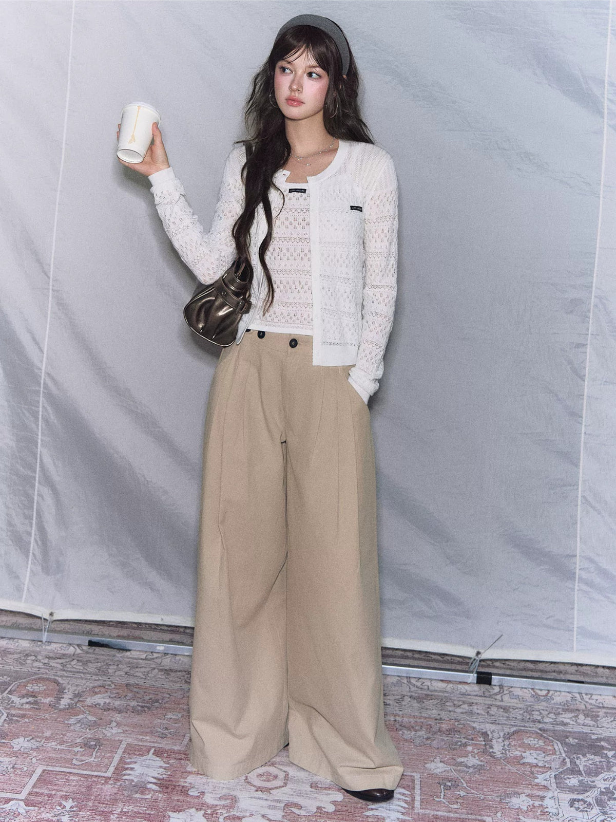 Khaki Pleated Wide Leg Trousers