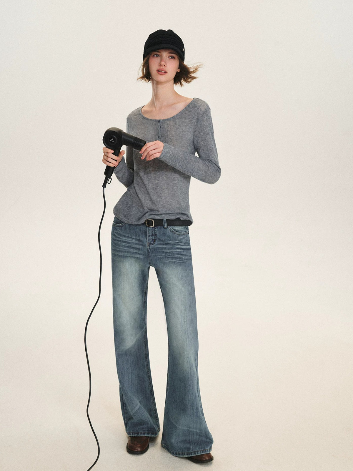 Ribbed Henley Long Sleeve Top