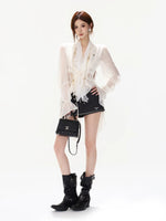 French Lace Chiffon Tie Waist Blouse