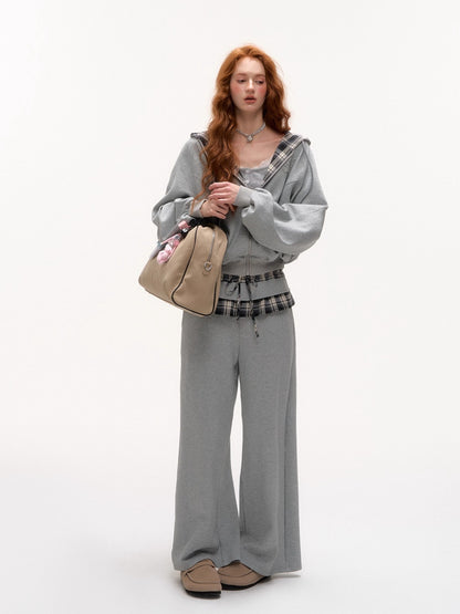 Plaid Patch Embroidered Sweatshirt &amp; Ruffled Waist Pants Set