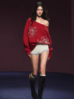 Beaded Off-shoulder Silhouette Sweatshirt
