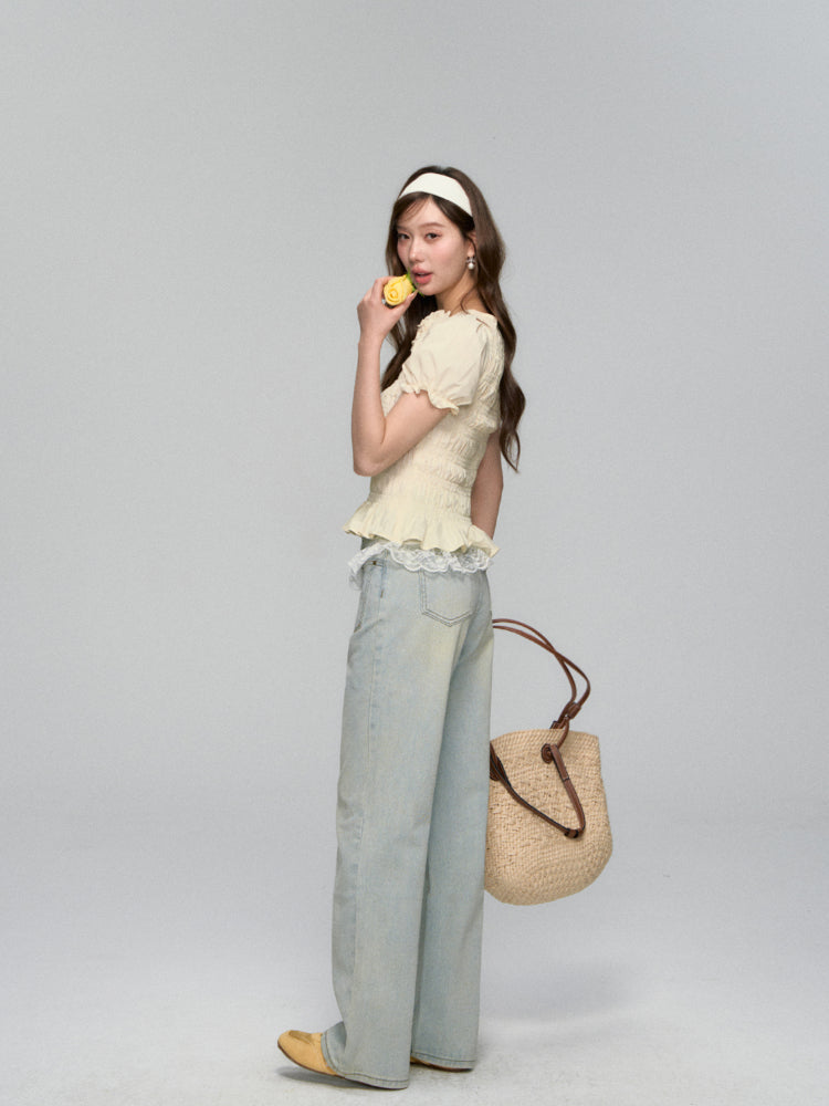 Three-Dimensional Flower Pleated Short-Sleeve Blouse