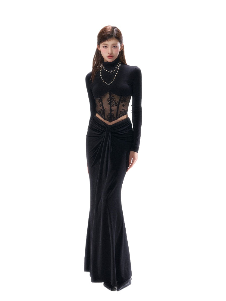 Lace-Trim Corset Long-Sleeve Top