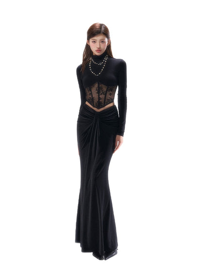 Lace-Trim Corset Long-Sleeve Top