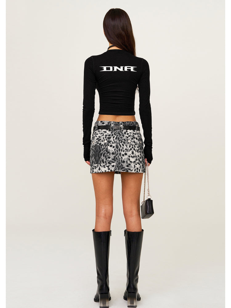 Leopard Print Mid - High Waist Rivet Midi Skirt