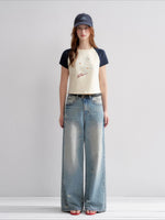 Washed Distressed Wide-Leg Jeans