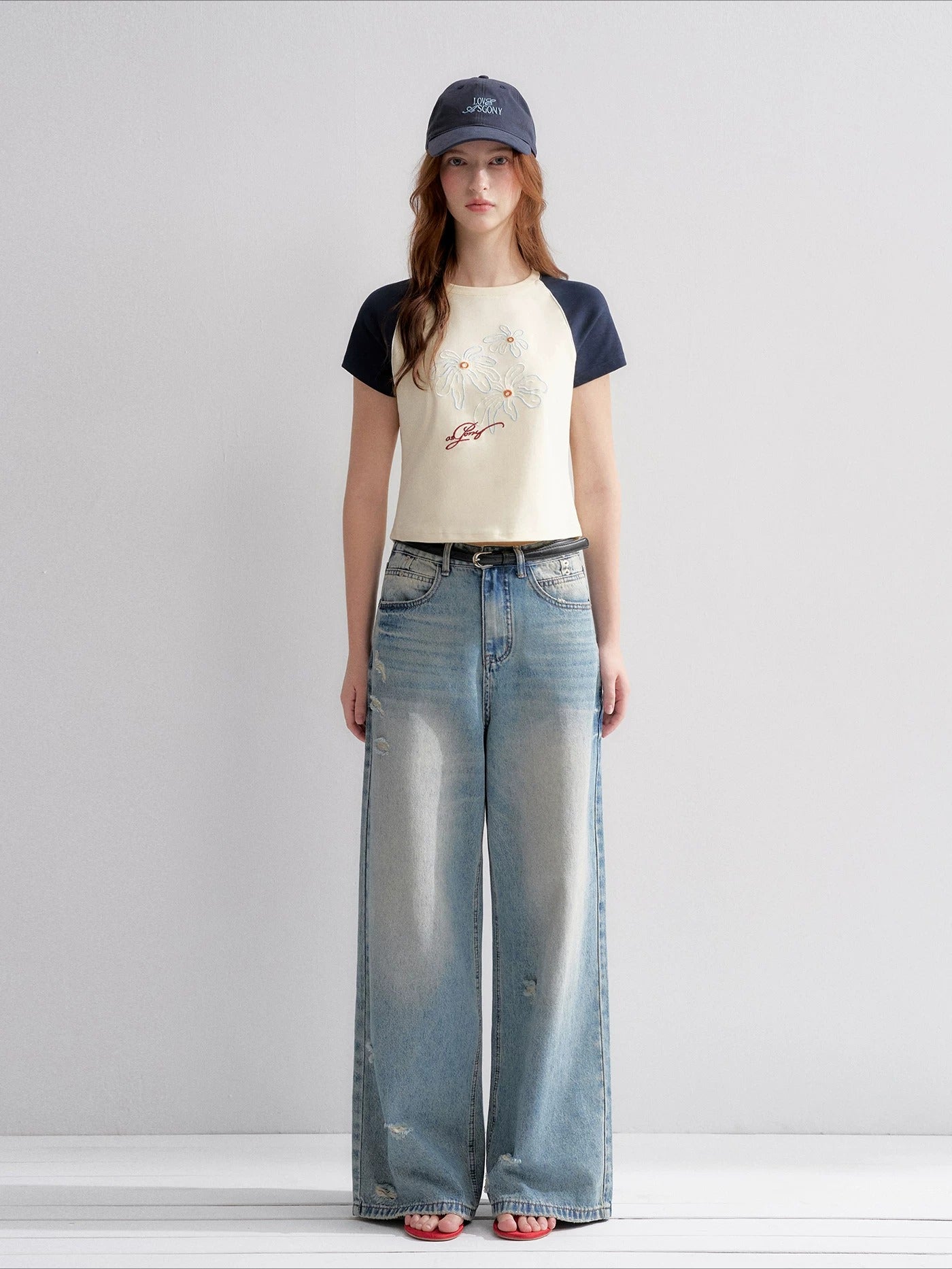 Washed Distressed Wide-Leg Jeans
