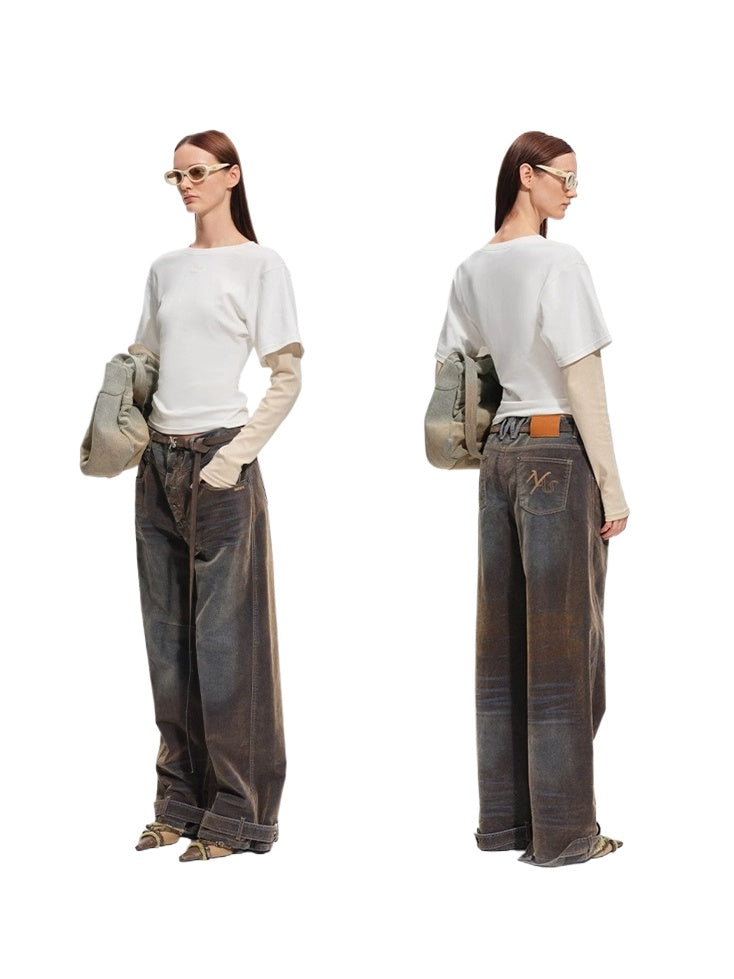 Terracotta Velvet-Washed Wide-Leg Jeans