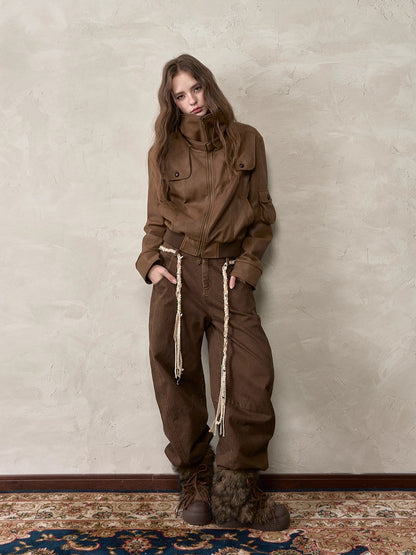 Brown Double-Waistband Straight Pants