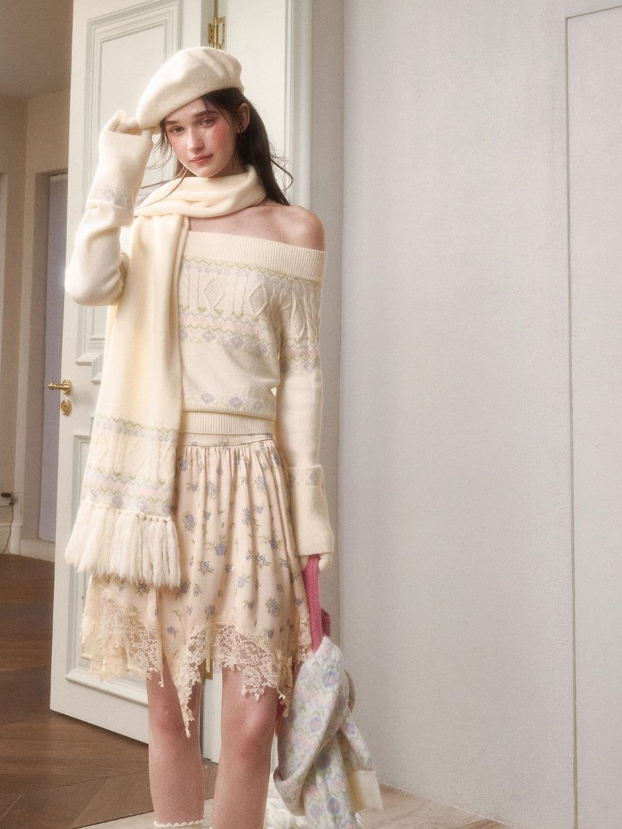 Cosagach Fair Isle Knit Crewneck &amp; Floral Skirt Set