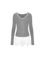 Lace-Trimmed Gray V-Neck Long Sleeve Top