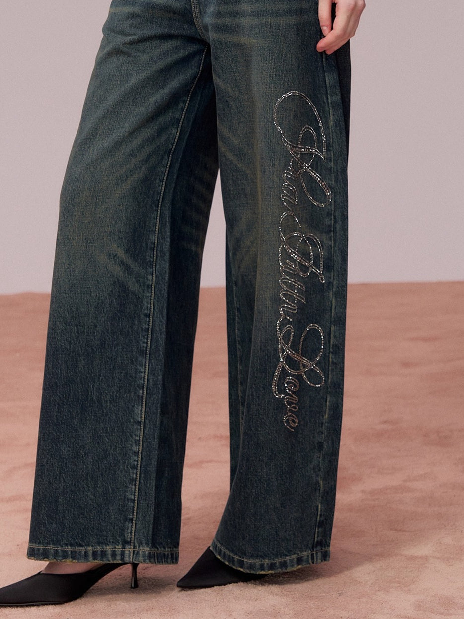 Retro Blue Studded Letter Wide-Leg Jeans