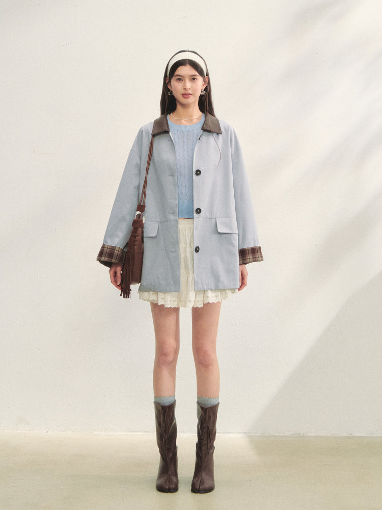 Plaid Patchwork Color-Block Trench Coat