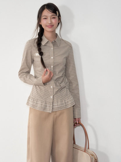 Khaki &amp; White Vintage Plaid Blouse