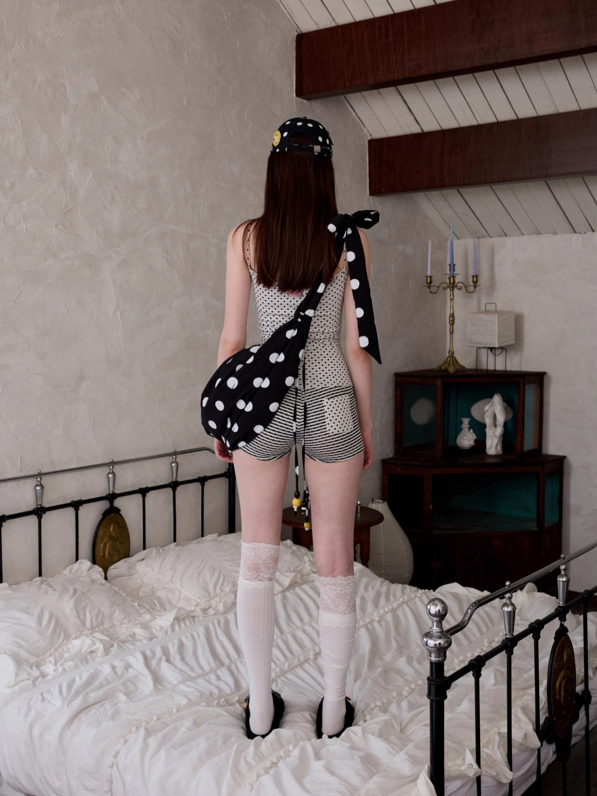 Polka Dot Ruched Dumpling Shoulder Bag