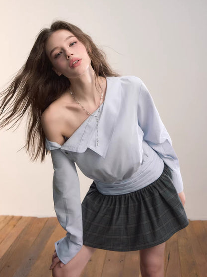 Blue Asymmetrical Shirt Plaid Mini Dress