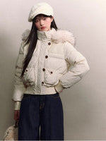 Faux Fur Collar Plaid Down Jacket