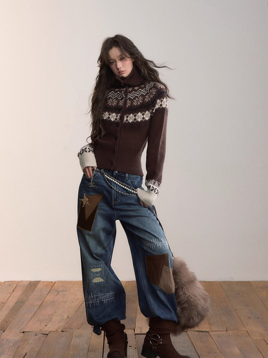 Fair Isle Heavy-Duty Knit Turtleneck Cardigan