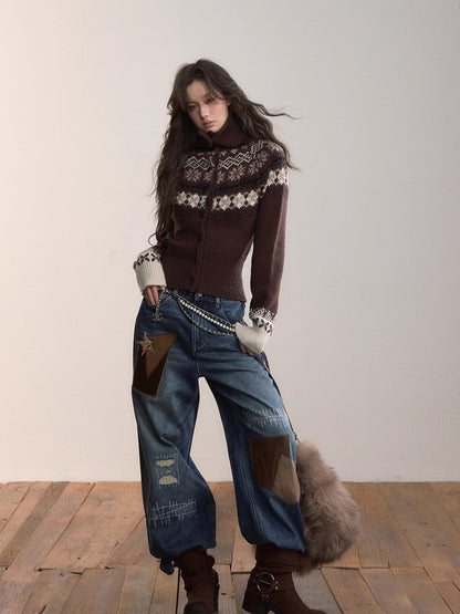 Fair Isle Heavy-Duty Knit Turtleneck Cardigan